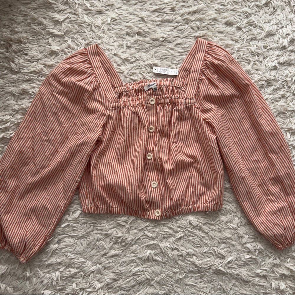 Madewell puff-sleeve button-front crop top in embroidered stripe